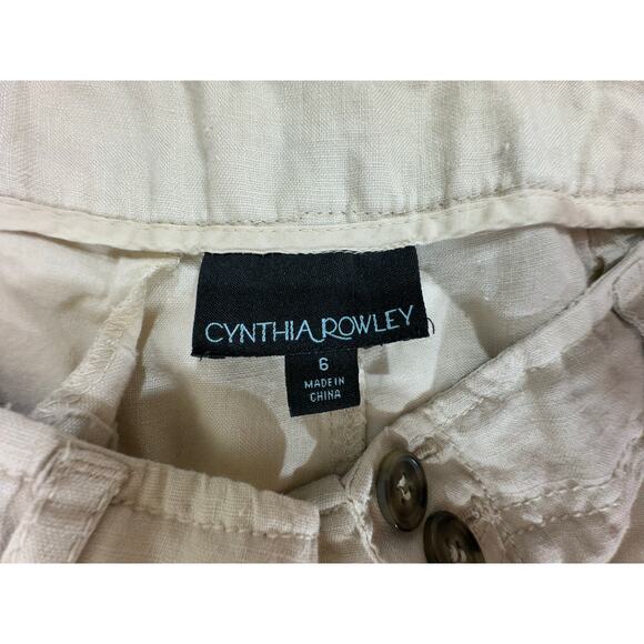 Cynthia Rowley Pants Size 6 (31x31.5) Beige Wide Leg Cargo 100% Linen Roll Tab - Picture 5 of 11